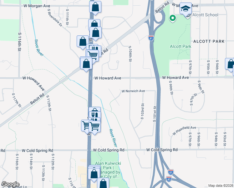 map of restaurants, bars, coffee shops, grocery stores, and more near 10482 West Norwich Avenue in Greenfield
