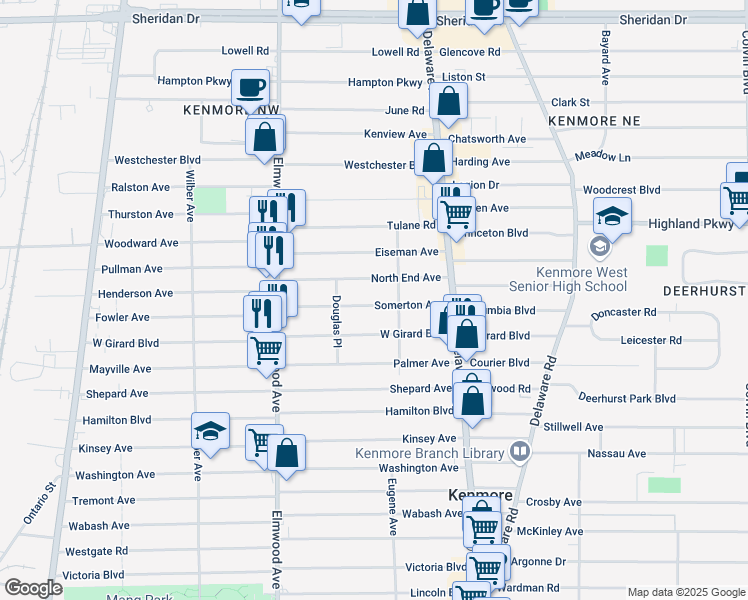 map of restaurants, bars, coffee shops, grocery stores, and more near 89 Somerton Avenue in Kenmore