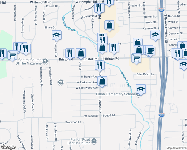 map of restaurants, bars, coffee shops, grocery stores, and more near 1028 West Bergin Avenue in Flint