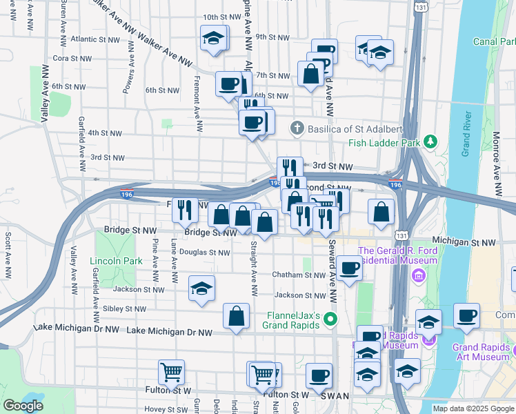 map of restaurants, bars, coffee shops, grocery stores, and more near 772 First Street Northwest in Grand Rapids