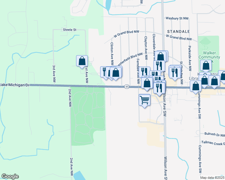 map of restaurants, bars, coffee shops, grocery stores, and more near 4696 Lake Michigan Drive in Walker