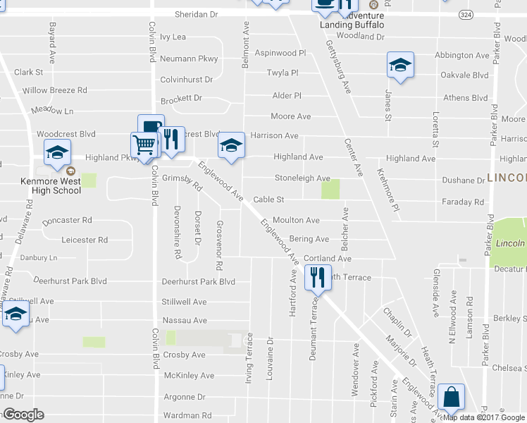 map of restaurants, bars, coffee shops, grocery stores, and more near 1023 Englewood Avenue in Buffalo