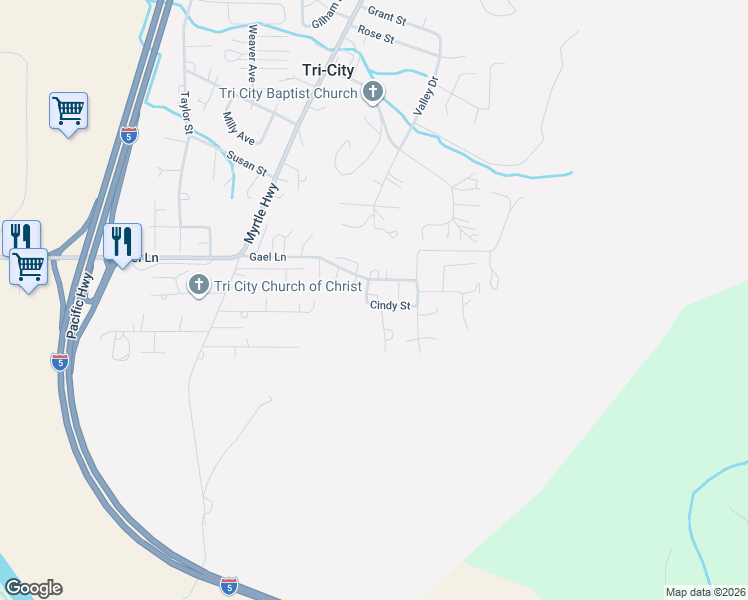 map of restaurants, bars, coffee shops, grocery stores, and more near 468 Cindy Street in Myrtle Creek