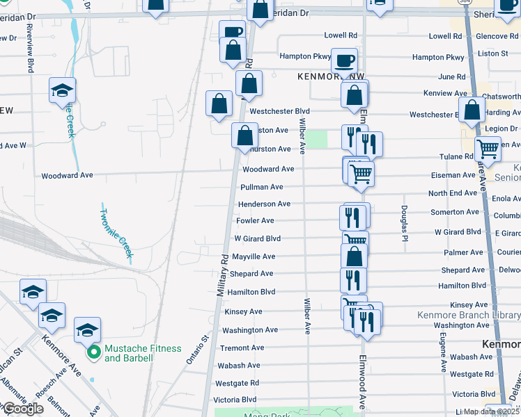 map of restaurants, bars, coffee shops, grocery stores, and more near 164 Henderson Avenue in Buffalo