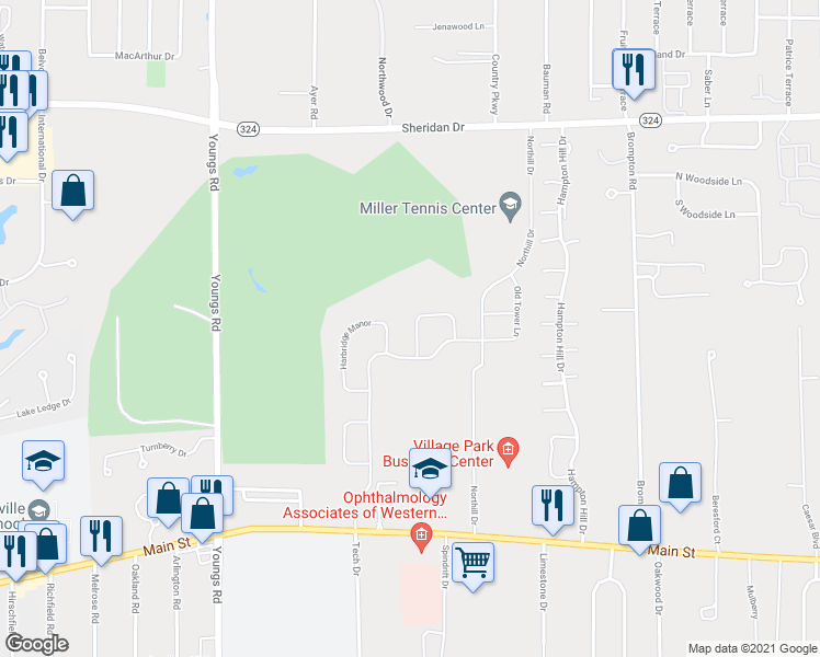 map of restaurants, bars, coffee shops, grocery stores, and more near 38 Brockton Ridge in Buffalo
