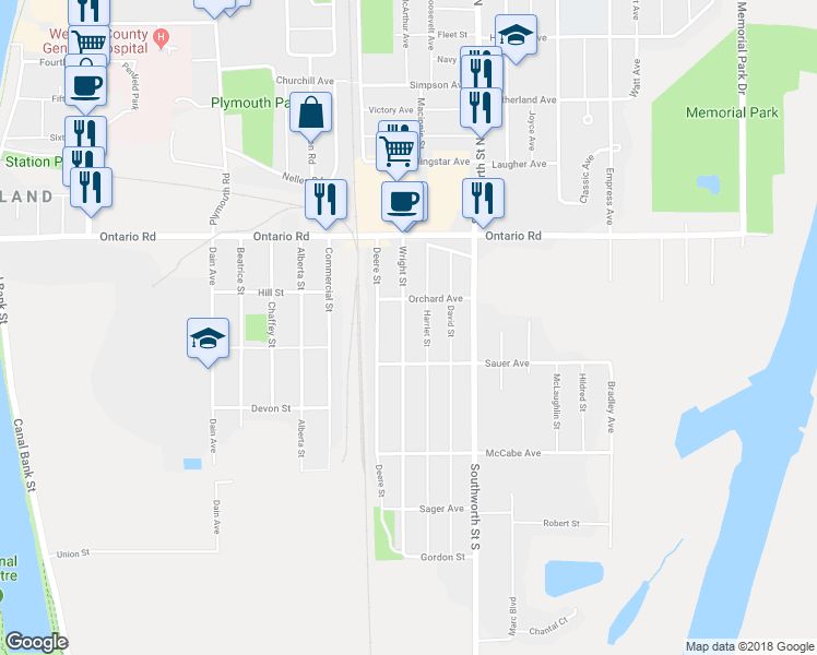 map of restaurants, bars, coffee shops, grocery stores, and more near 257 Wright Street in Welland