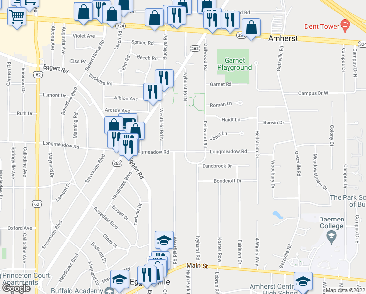 map of restaurants, bars, coffee shops, grocery stores, and more near 596 Longmeadow Road in Buffalo