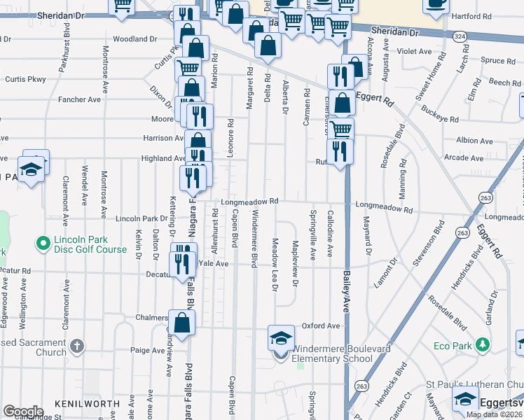 map of restaurants, bars, coffee shops, grocery stores, and more near 539 Windermere Boulevard in Buffalo