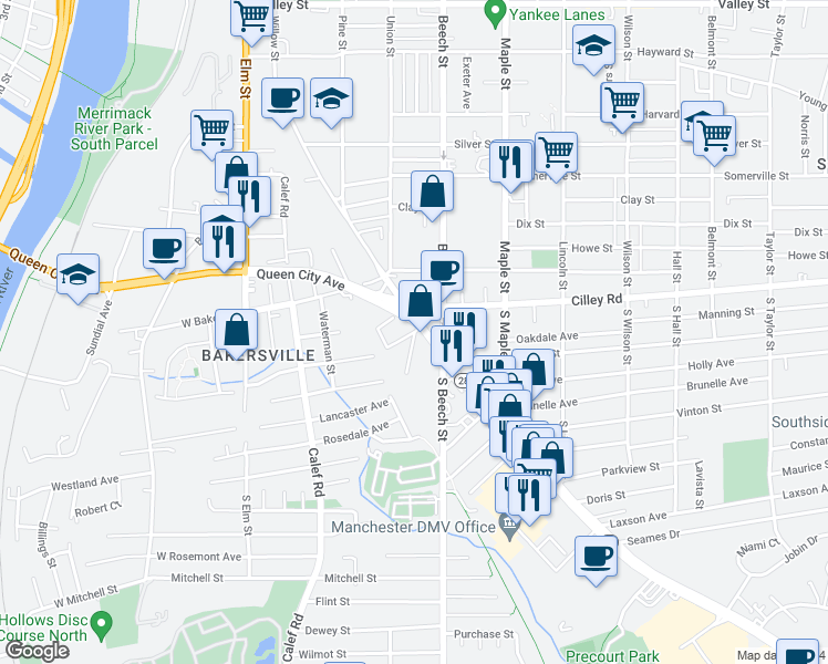 map of restaurants, bars, coffee shops, grocery stores, and more near 96 Claremont Street in Manchester