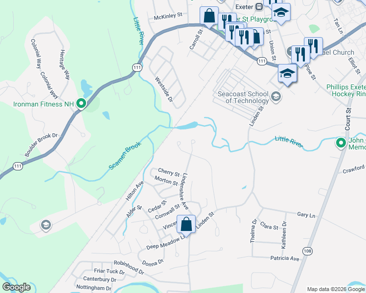 map of restaurants, bars, coffee shops, grocery stores, and more near 3 Squire Way in Exeter