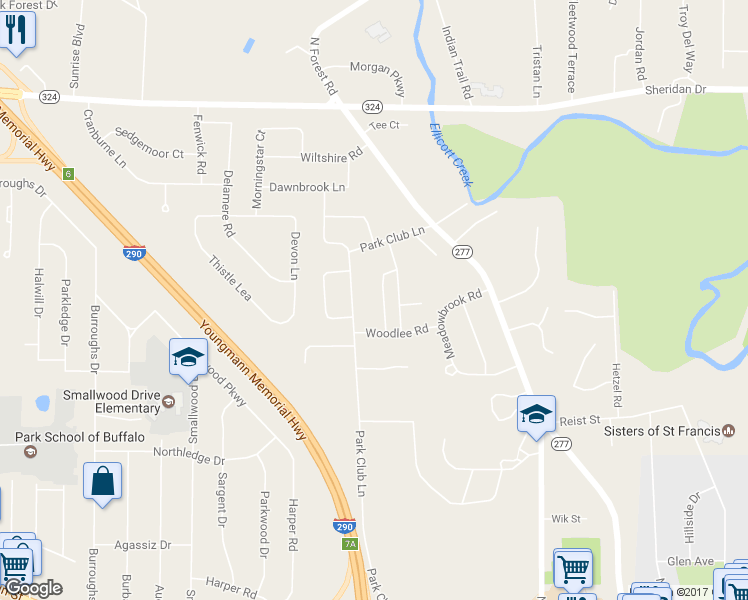 map of restaurants, bars, coffee shops, grocery stores, and more near 85 Mayfair Ln in Williamsville