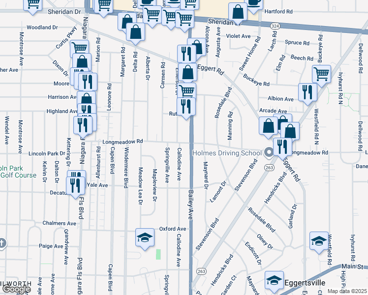 map of restaurants, bars, coffee shops, grocery stores, and more near 231 Longmeadow Road in Buffalo