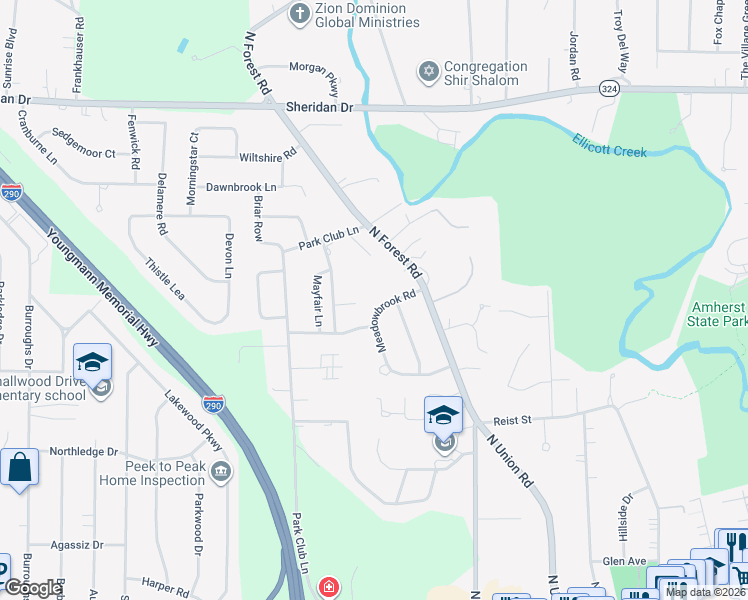 map of restaurants, bars, coffee shops, grocery stores, and more near 51 Meadowbrook Road in Buffalo