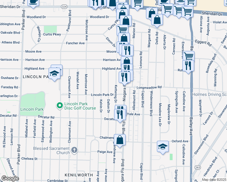 map of restaurants, bars, coffee shops, grocery stores, and more near 174 Kettering Drive in Buffalo