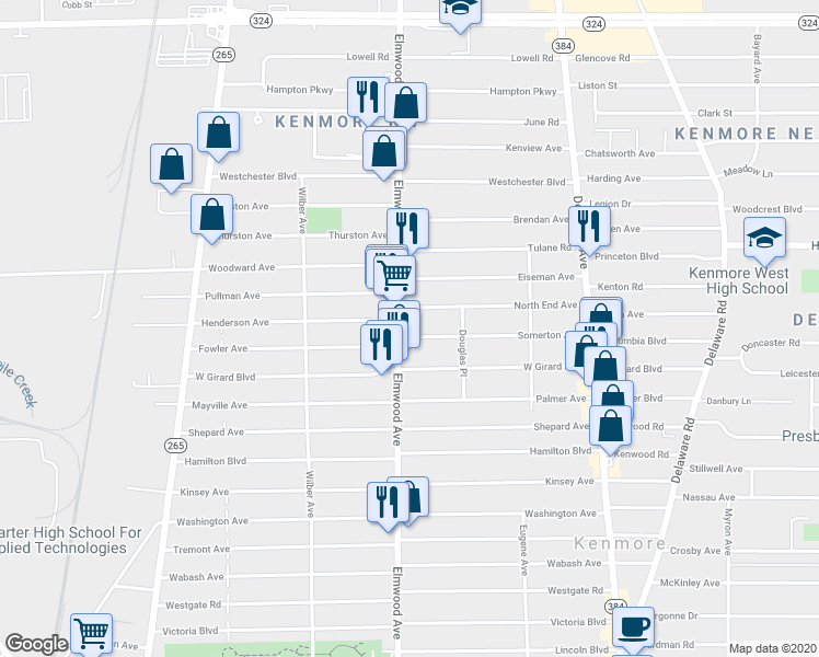 map of restaurants, bars, coffee shops, grocery stores, and more near 2733 Elmwood Avenue in Buffalo