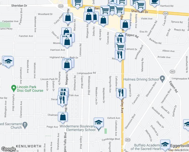 map of restaurants, bars, coffee shops, grocery stores, and more near 196 Meadow Lea Drive in Buffalo