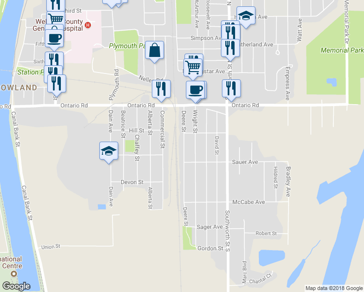map of restaurants, bars, coffee shops, grocery stores, and more near 256 Deere Street in Welland