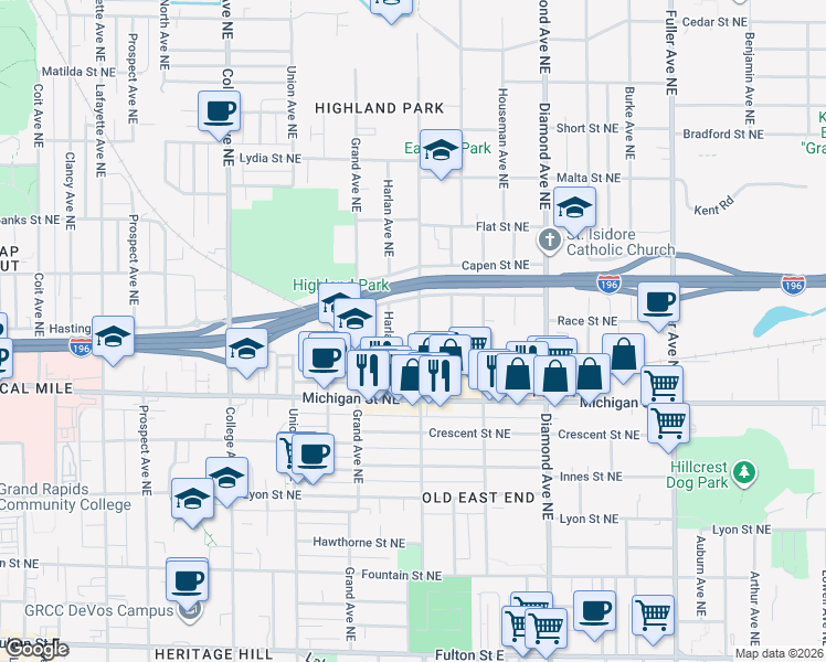 map of restaurants, bars, coffee shops, grocery stores, and more near 525 Eastern Avenue Northeast in Grand Rapids