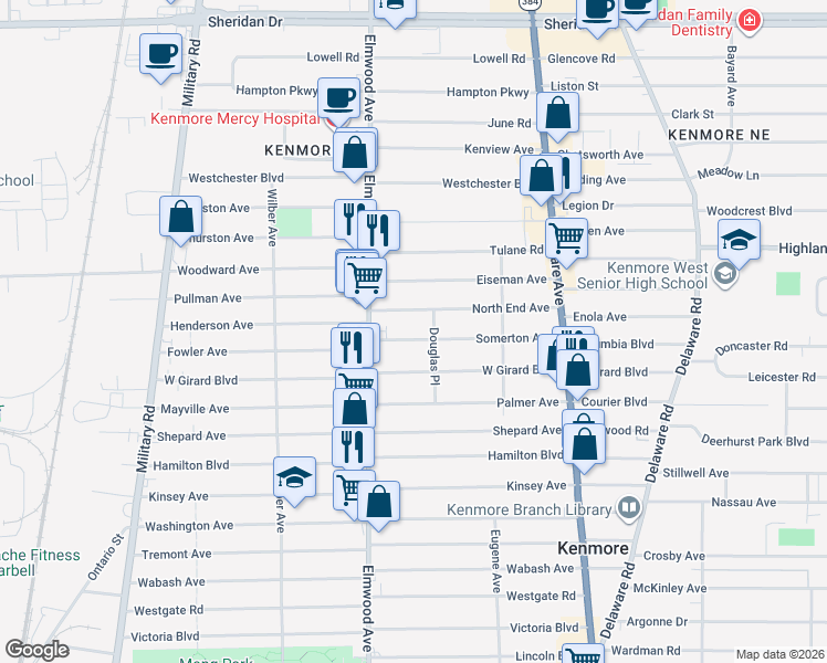 map of restaurants, bars, coffee shops, grocery stores, and more near 149 Somerton Avenue in Buffalo