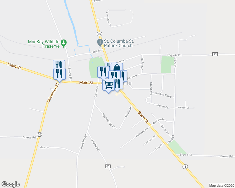map of restaurants, bars, coffee shops, grocery stores, and more near 3180 State Street in Caledonia