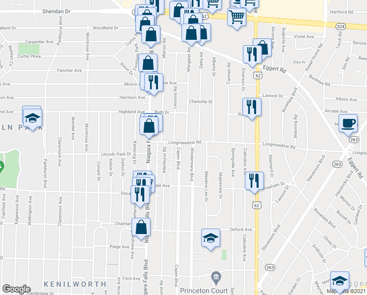 map of restaurants, bars, coffee shops, grocery stores, and more near 571 Capen Boulevard in Buffalo