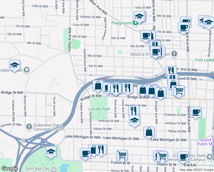 map of restaurants, bars, coffee shops, grocery stores, and more near 1060 First Street Northwest in Grand Rapids