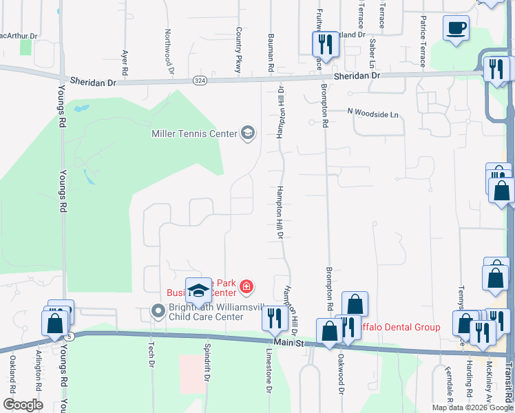 map of restaurants, bars, coffee shops, grocery stores, and more near 53 Old Tower Lane in Erie County