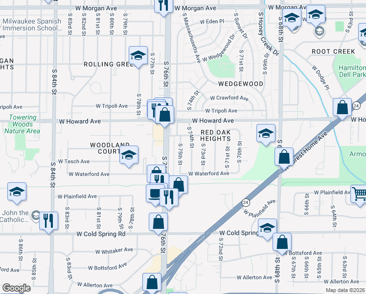 map of restaurants, bars, coffee shops, grocery stores, and more near 3974 South 75th Street in Milwaukee