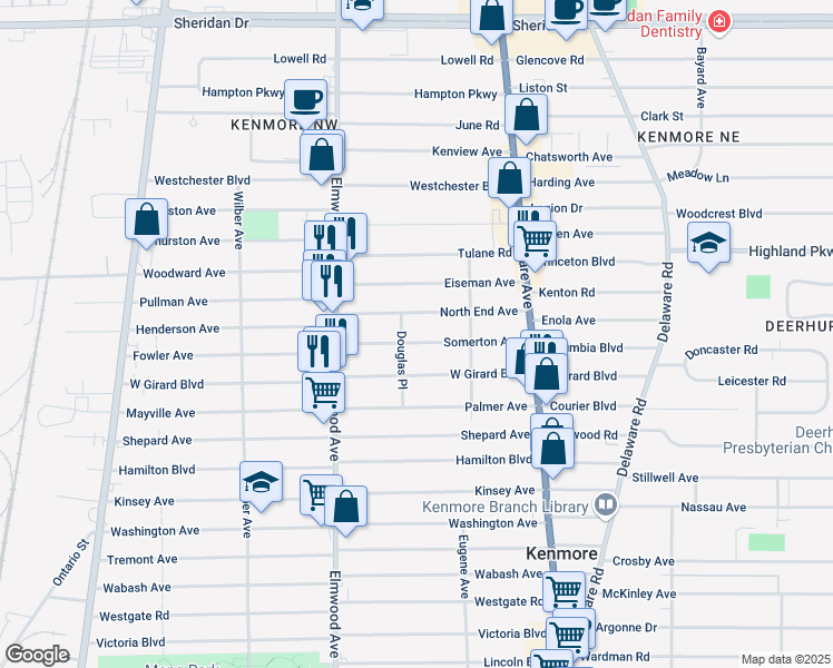 map of restaurants, bars, coffee shops, grocery stores, and more near 113 Somerton Avenue in Buffalo