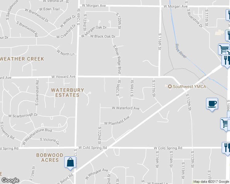 map of restaurants, bars, coffee shops, grocery stores, and more near 3981 South 120th Street in Greenfield