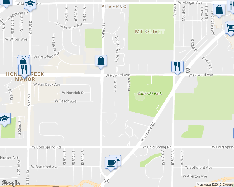 map of restaurants, bars, coffee shops, grocery stores, and more near 4008 South 41st Street in Greenfield