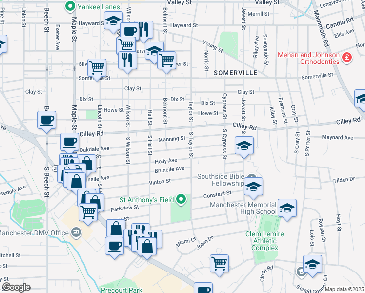 map of restaurants, bars, coffee shops, grocery stores, and more near 120 Villa Street in Manchester