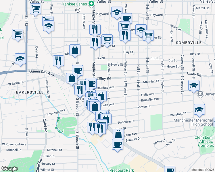 map of restaurants, bars, coffee shops, grocery stores, and more near 84 Oakdale Avenue in Manchester