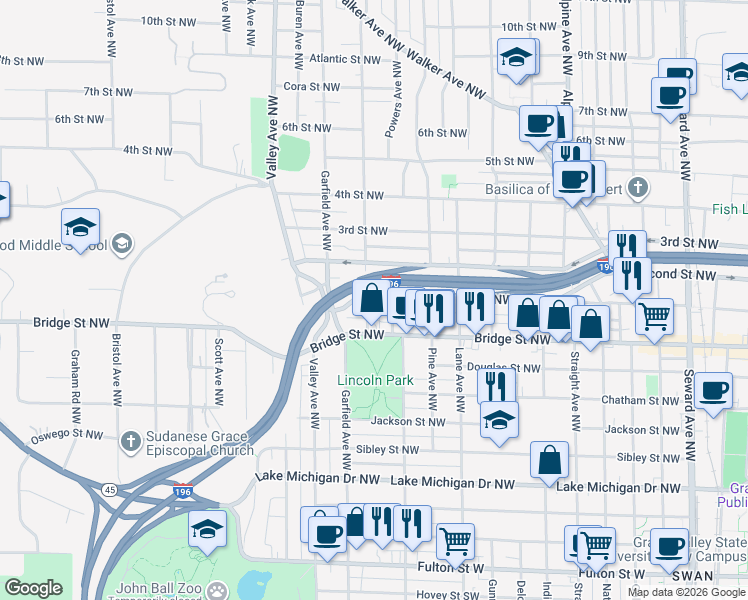 map of restaurants, bars, coffee shops, grocery stores, and more near 434 Lincoln Avenue Northwest in Grand Rapids