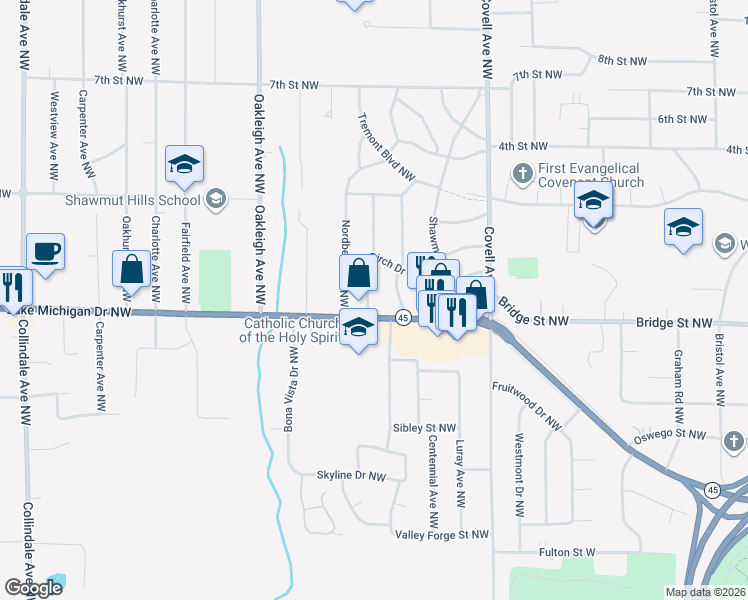 map of restaurants, bars, coffee shops, grocery stores, and more near 420 Newberg Avenue Northwest in Grand Rapids