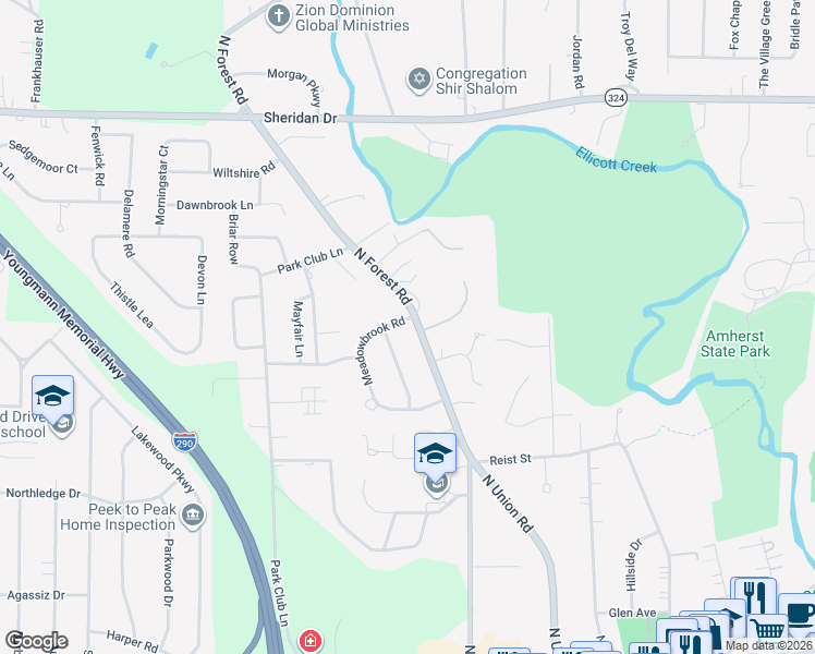 map of restaurants, bars, coffee shops, grocery stores, and more near 440 North Forest Road in Buffalo