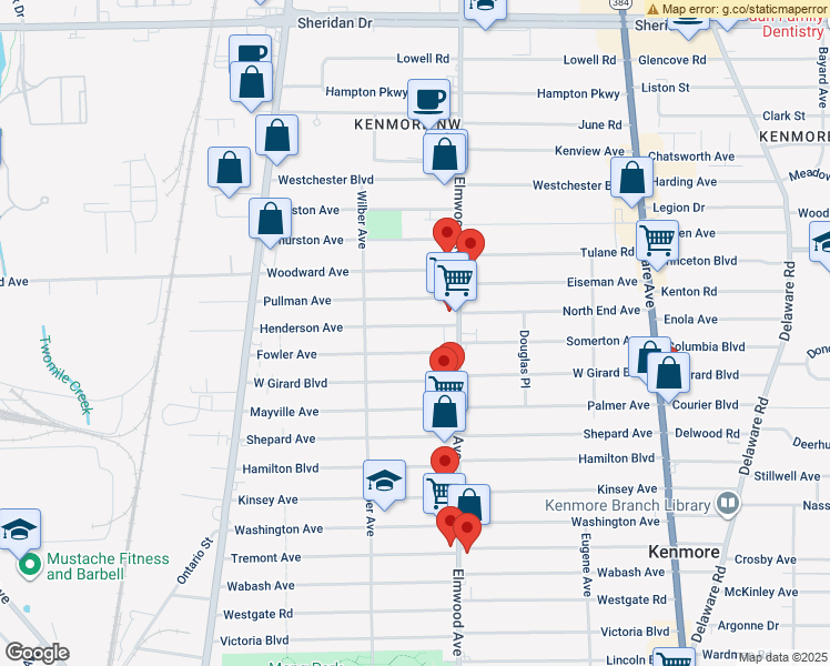 map of restaurants, bars, coffee shops, grocery stores, and more near 42 Henderson Avenue in Buffalo