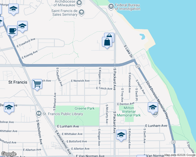 map of restaurants, bars, coffee shops, grocery stores, and more near 3975 South Kingan Avenue in Saint Francis
