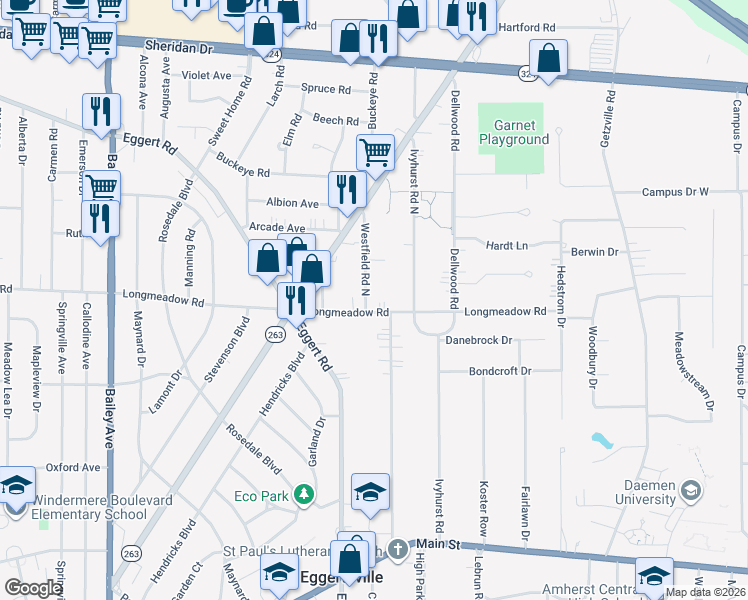 map of restaurants, bars, coffee shops, grocery stores, and more near 556 Longmeadow Road in Buffalo