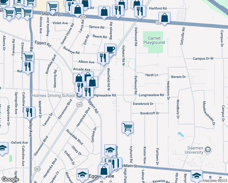 map of restaurants, bars, coffee shops, grocery stores, and more near 566 Longmeadow Road in Buffalo