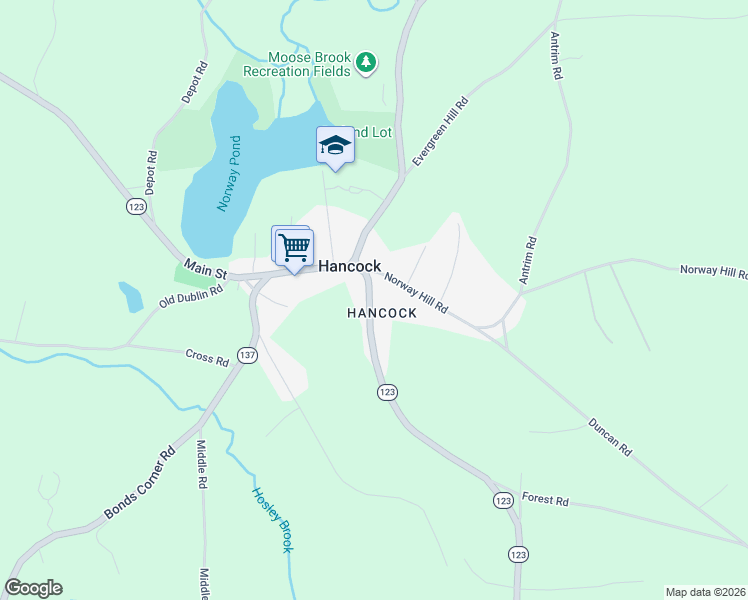 map of restaurants, bars, coffee shops, grocery stores, and more near 6 Forest Road in Hancock