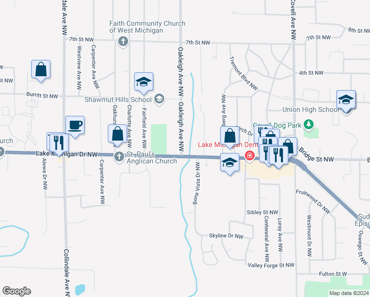 map of restaurants, bars, coffee shops, grocery stores, and more near 410 Oakleigh Avenue Northwest in Grand Rapids
