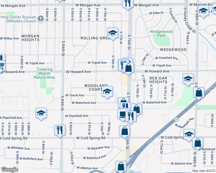 map of restaurants, bars, coffee shops, grocery stores, and more near 7832 West Norwich Avenue in Milwaukee