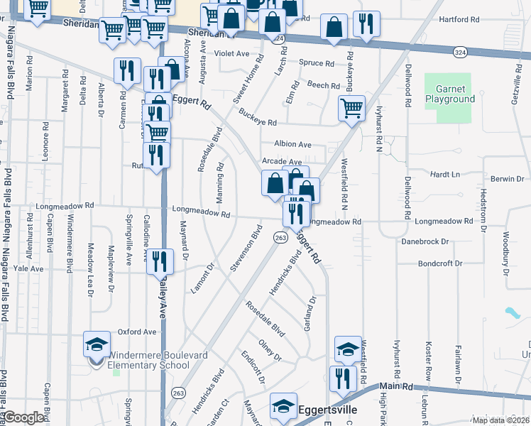 map of restaurants, bars, coffee shops, grocery stores, and more near 428 Longmeadow Road in Buffalo