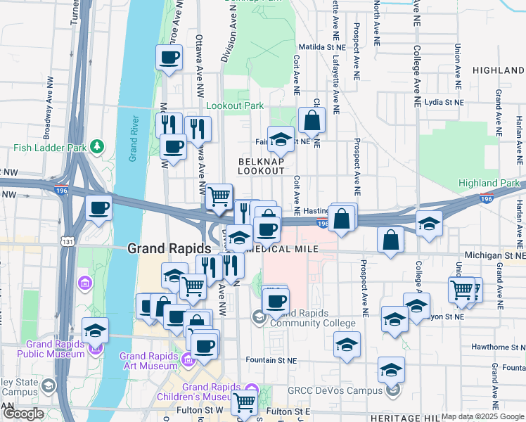 map of restaurants, bars, coffee shops, grocery stores, and more near 49 Hastings Street Northeast in Grand Rapids