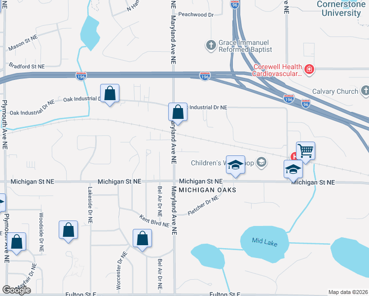 map of restaurants, bars, coffee shops, grocery stores, and more near 520 Maryland Court Northeast in Grand Rapids