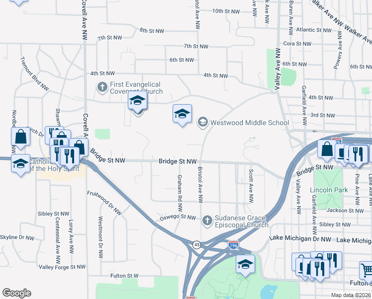 map of restaurants, bars, coffee shops, grocery stores, and more near 1630 Rebecca Court Northwest in Grand Rapids