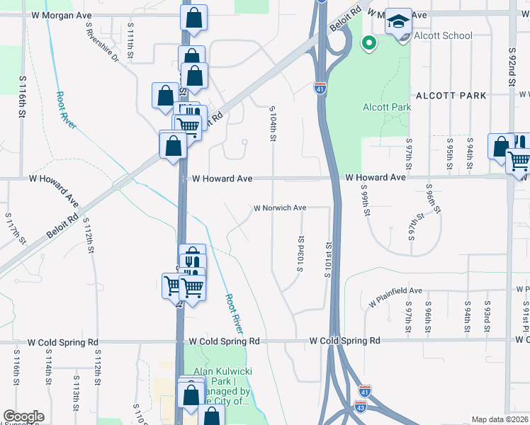 map of restaurants, bars, coffee shops, grocery stores, and more near 3965 South 104th Street in Greenfield