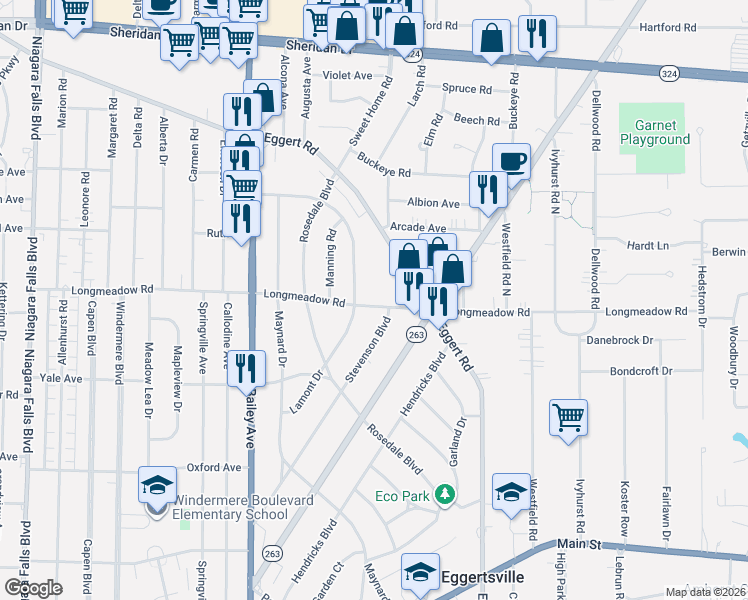 map of restaurants, bars, coffee shops, grocery stores, and more near 390 Longmeadow Road in Buffalo
