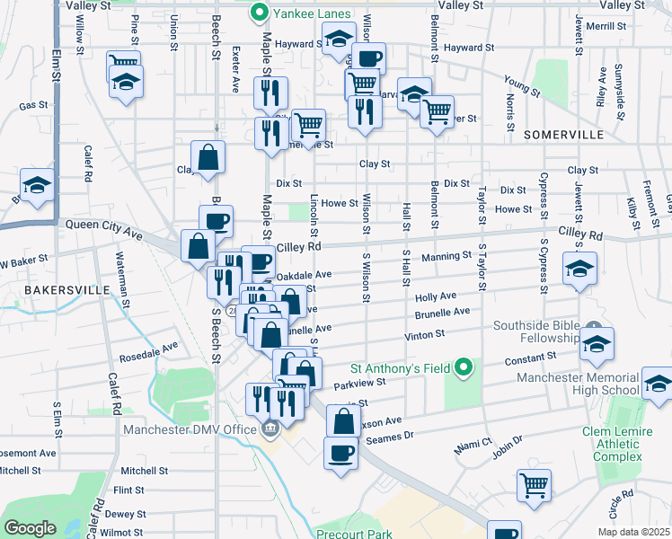 map of restaurants, bars, coffee shops, grocery stores, and more near 152 Oakdale Avenue in Manchester